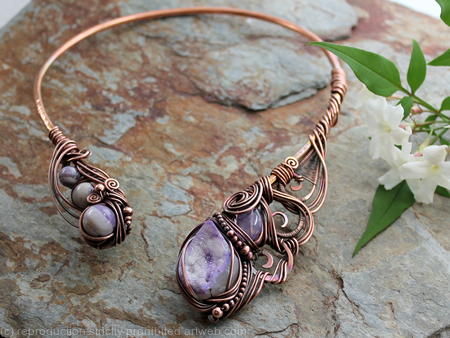 Ananda - Bliss - Neck Torc - Copper, Purple Druzy Agate, Amethyst and Amechlorite, Celtic Torq or Torque