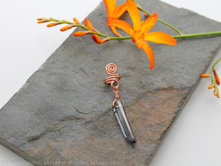 Spiral with large grey Crystal Quartz dangle Beard, Dreadlock or braid ring or bead - Shiny Copper - Medium