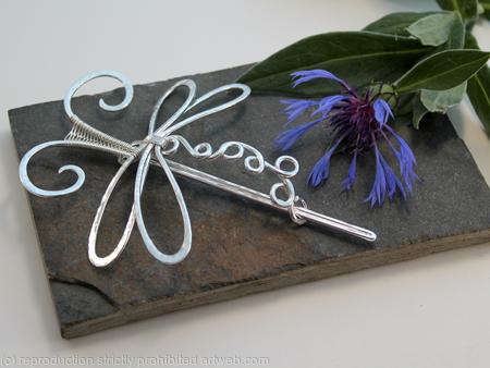 Styled Dragonfly Hair Barrette Or Scarf Pin - Medium - Textured Shiny Sterling silver - Hair Clip
