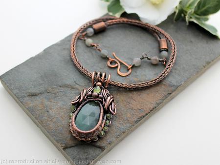 Labradorite, Peridot and copper pendant with copper and Labradorite Viking knit necklace - Aurora Borealis
