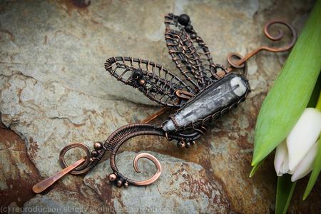 Hair Barrette in copper with Fossil - Woven Dragonfly - Hair clip or shawl pin