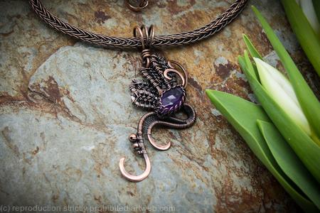 Amethyst and copper wire woven, Dragonfly necklace with Viking knit chain