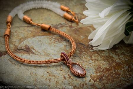 Rose Quartz, Garnet and copper pendant with copper and Rose Quartz Viking knit necklace