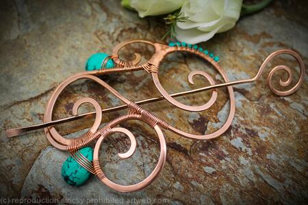 Hair Barrette in copper with Turquoise - Quintessence - Hair clip or shawl pin