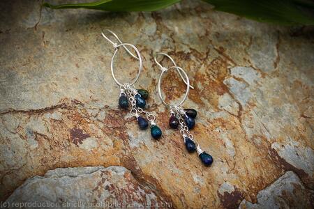 Circle earrings with chain dangles - faceted Smokey Ethiopian Opal and sterling Silver