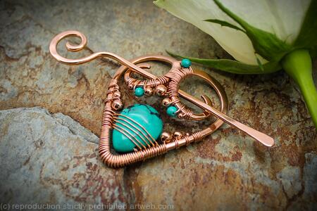 Heart Hair Barrette in copper with Turquoise - Hair clip or shawl pin