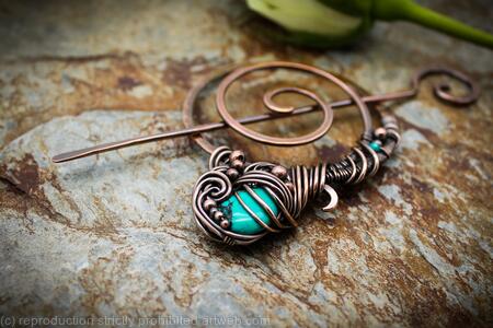 Hair Barrette in copper with Turquoise - Quintessence - Hair clip or shawl pin