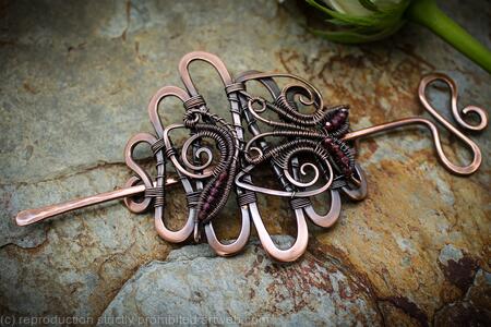 Hair Barrette in copper with Garnet - Embellished Butterflies - Hair clip or shawl pin