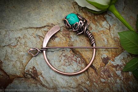 Asymmetrical Leaf Penannular Brooch - Copper and Turquoise - Celtic fibula
