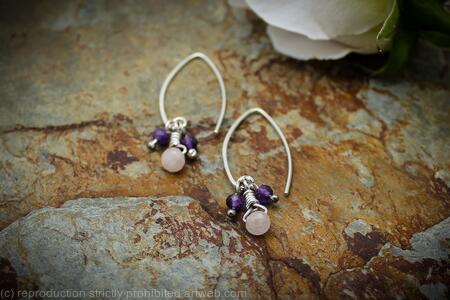 Threader earrings - 1mm sterling silver and faceted Rose Quartz and Amethyst dangles