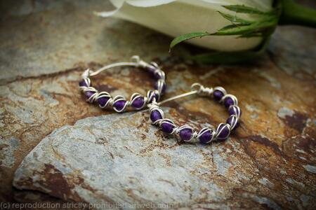 Sterling silver Hoop Earrings with Amethyst, Handmade Wire Wrapped Gemstone Hoops