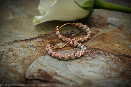 Copper Hoop Earrings with Amazonite, Handmade Wire Wrapped Gemstone Hoops