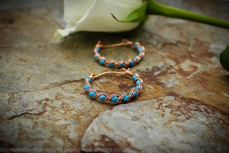 Copper Hoop Earrings with Turquoise, Handmade Wire Wrapped Gemstone Hoops