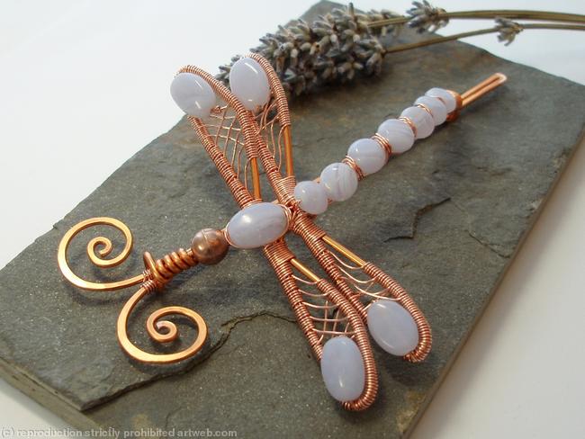 Dragonfly Hair Barrette or Shawl pin - Large - Copper and Blue Lace Agate