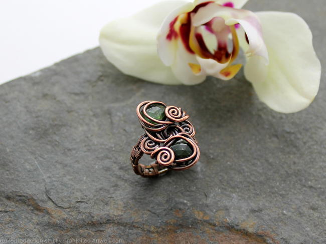 Double Stone Ring - Woven Copper wire with Faceted Green Tourmaline