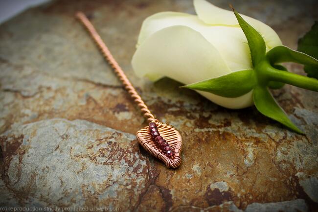 Handcrafted Copper Wire Leaf Hair Stick with Garnet Beads – Elegant Hair Accessory for Bun or Updo