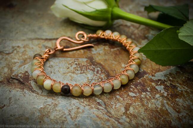 Wire wrapped bracelet - Copper and Tri coloured Jade - Kiss Kross Bracelet