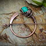 Asymmetrical Leaf Penannular Brooch - Copper and Turquoise - Celtic fibula