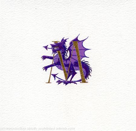 Gold letter with a purple dragon
