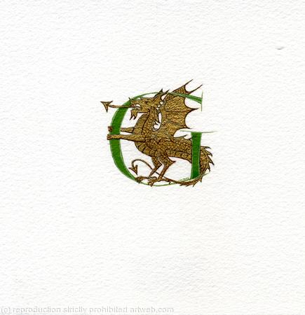 Green letter with a gold dragon
