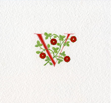 Letter V in red with red heraldic roses