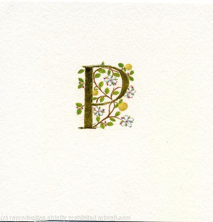 Letter P in 24c gold leaf with apple and apple blossom