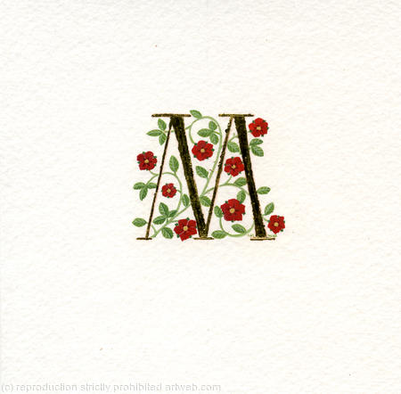 Gold leaf letter M with red heraldic roses on watercolour paper