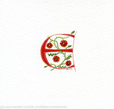 Manuscript initial E in red with poppies