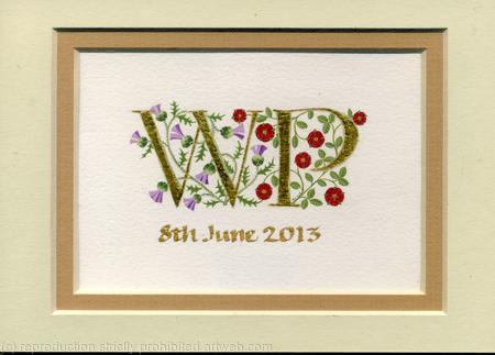 Gold leaf double letters handpainted with thistles and red roses on watercolour paper