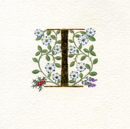 Gold leaf letter I with white roses, holly and thyme on watercolour paper