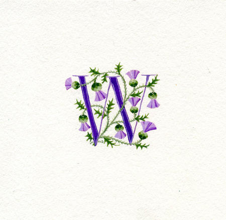 Initial letter W in pale purple with Scots thistles