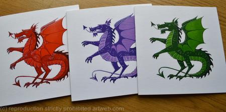 Dragon greetings cards set of three red, purple and blue printed cards all blank inside