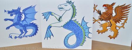 Set of three cards, blue Dragon, Seahorse, Griffin heraldry greetings cards