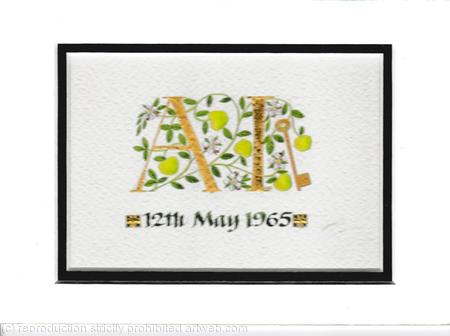 23c gold leaf letters with apple blossom, yellow-green apples and a key