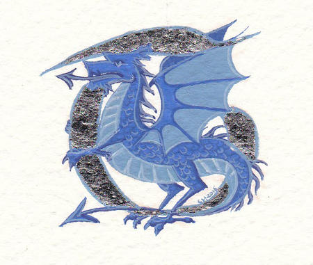Initial letter T in Palladium leaf with a blue dragon