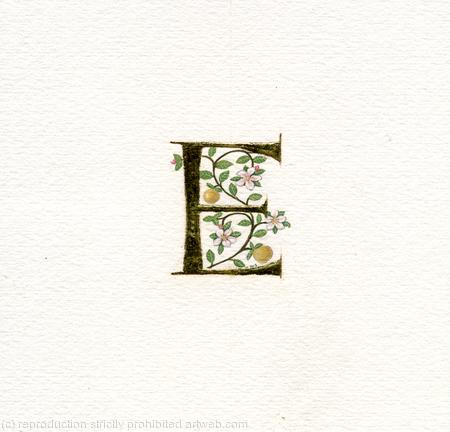 23c gold leaf letter 'E' with apples and apple blossom on watercolour paper