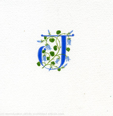 Letter J in blue with bluebells on watercolour paper