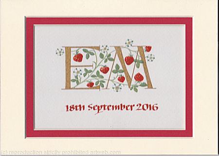 Two gold initials with strawberries