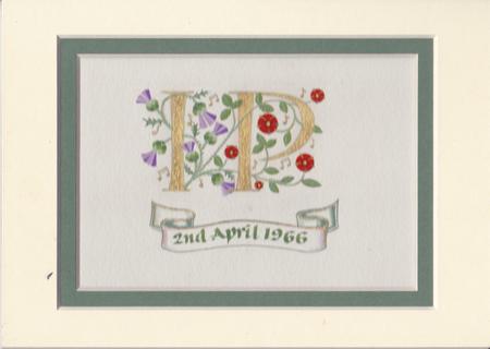 Two initials in 24c gold leaf with thistles, roses and musical notes