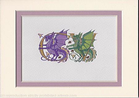 Two initials in gold with purple and green dragons
