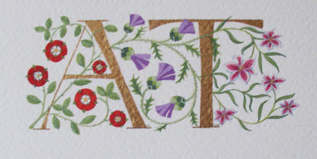 Double initials with red Roses, Thistles and dark pink Lilies