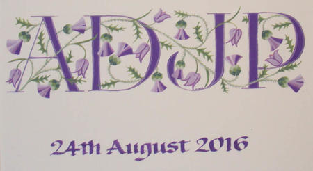 Four initial letters in purple with Thistles and anniversary date
