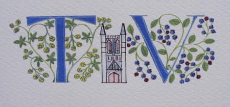 Initials with Hops, Brambles and Lincoln Cathedral tower.