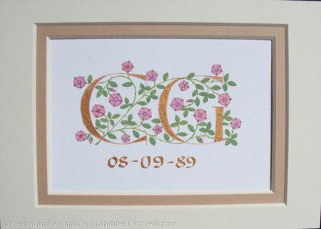 Two letters in gold painted with pink roses Pearl Anniversary gift.