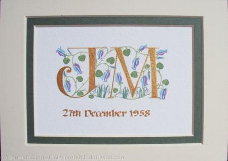 Gold letters with stylised bluebells on 300gsm watercolour paper within a double mount with dark green slip.