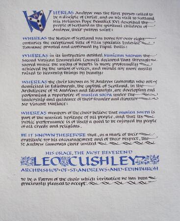Presentation Scroll for The Most Reverend Leo Cushley, Archbishop and Metropolitan of St Andrews and Edinburgh, on his acceptance of Patronage of the St Andrew Camerata Choir, Edinburgh. 