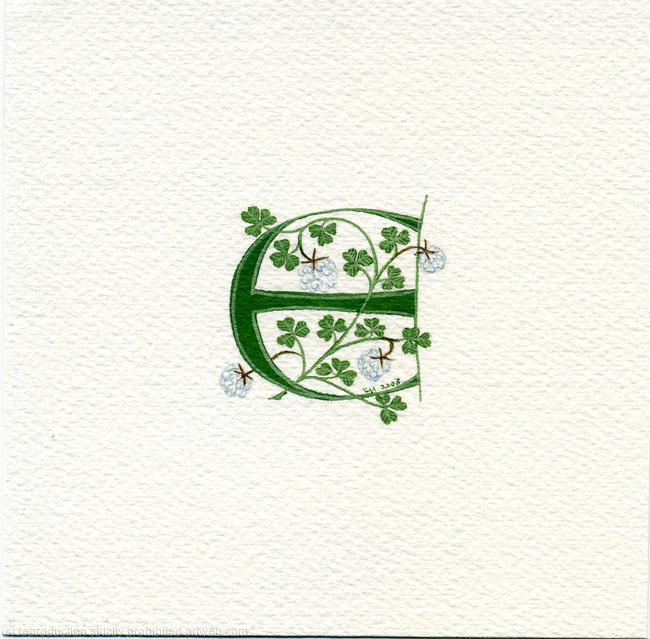 Letter E handpainted with white clover