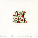 Gold leaf letter M with red heraldic roses on watercolour paper