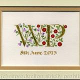 Gold leaf double letters handpainted with thistles and red roses on watercolour paper