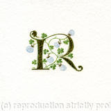 Gold leaf manuscript letter R with white clover on watercolour paper